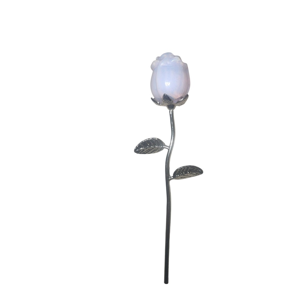 Opalite Glass Rose Carved rose Figurine Silver Tone Stem 6.5 Inch‎ Decor